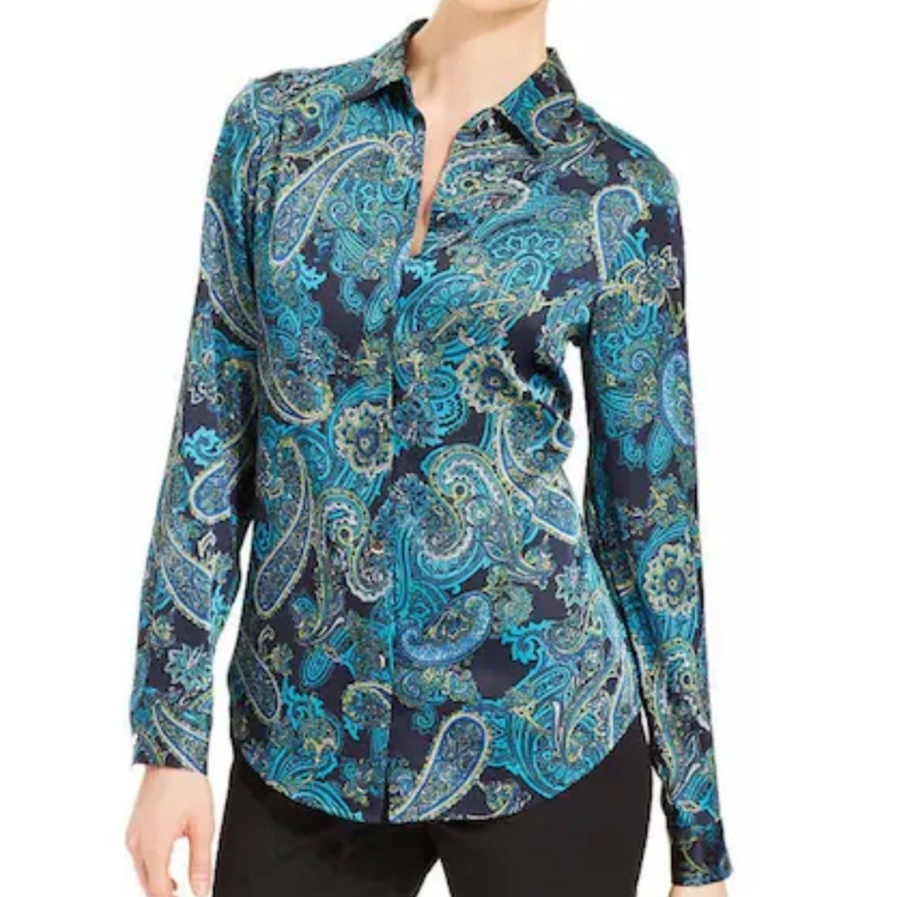 NWT Jones New York Navy and Teal satin Paisley Shirt size 6